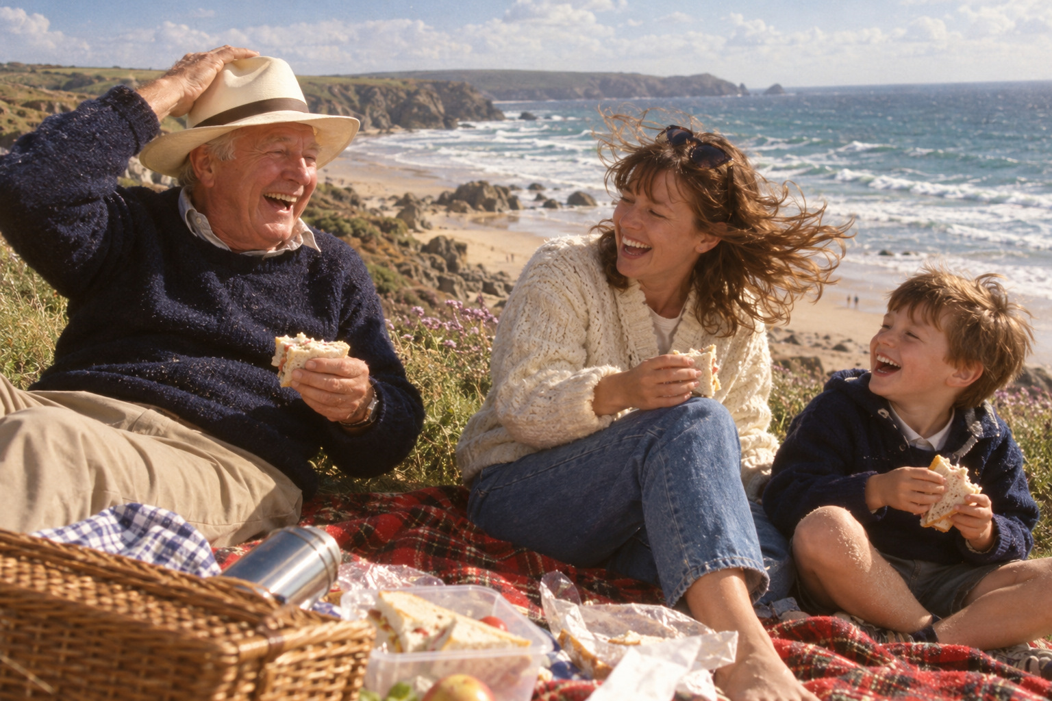 A family enjoying a seaside picnic, inspiration for a story